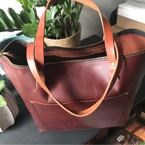 Portland Leather Goods Large Leather Zip Tote in Cognac w/Tan Handles | Like New